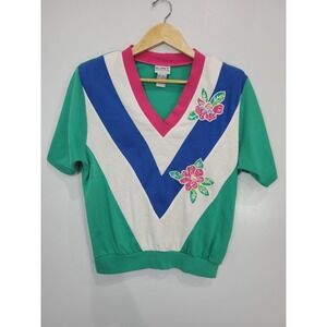 Vtg 90s Koret Francisca Womens Green V Neck Sweatshirt Top Sz M Floral Applique